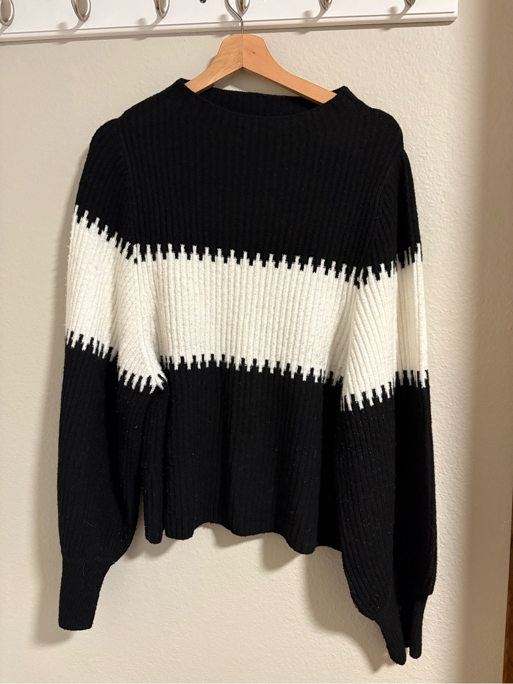French Connection Black and White Ribbed Crewneck Sweater